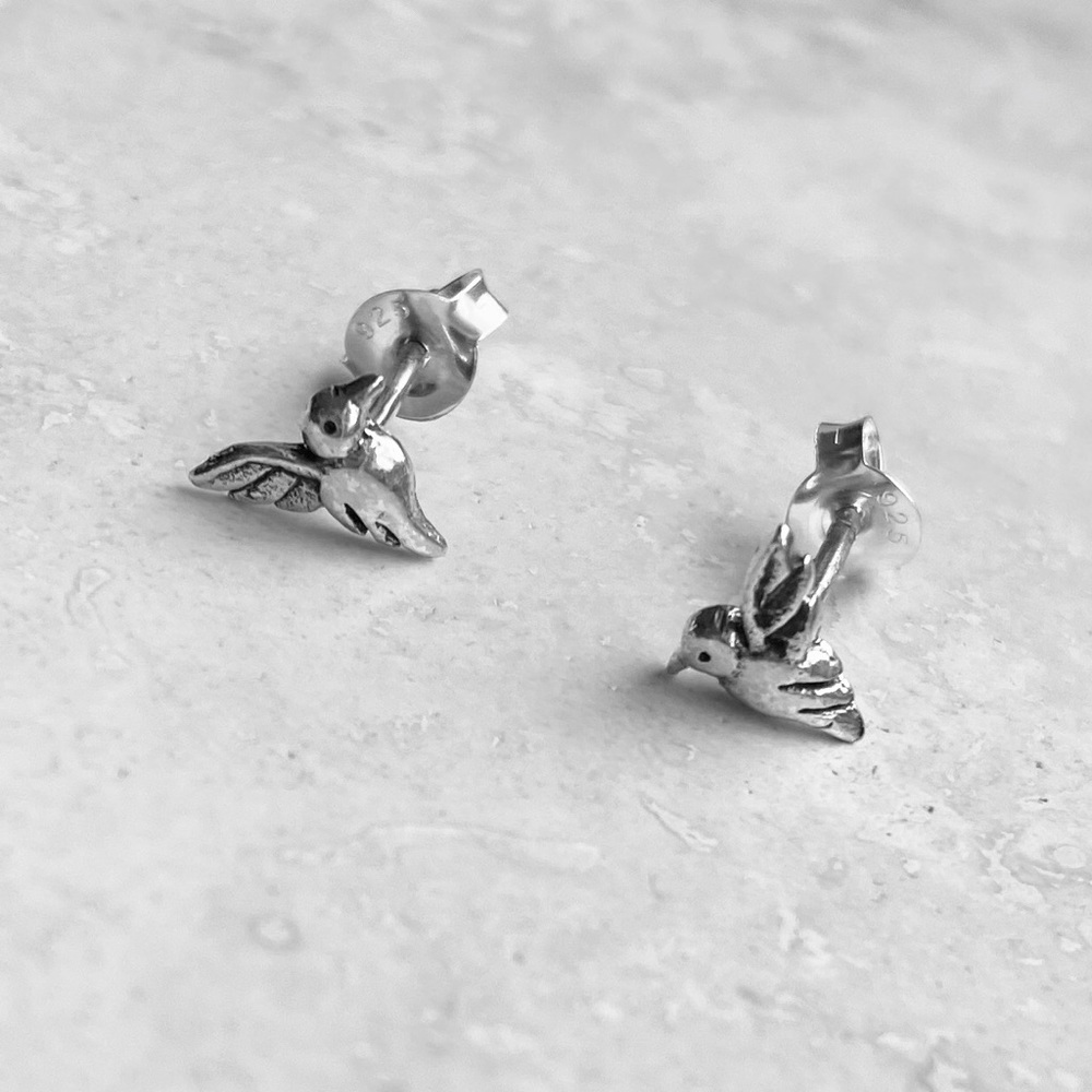 Sterling Silver Tiny Stud Hummingbird Earrings - image 4